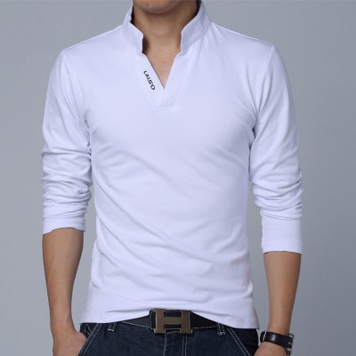 2020 T-Shirt Men Spring Cotton T Shirt Men Solid Color Tshirt Mandarin Collar Long Sleeve Top Men Brand Slim Fit Tee Shirts 5XL