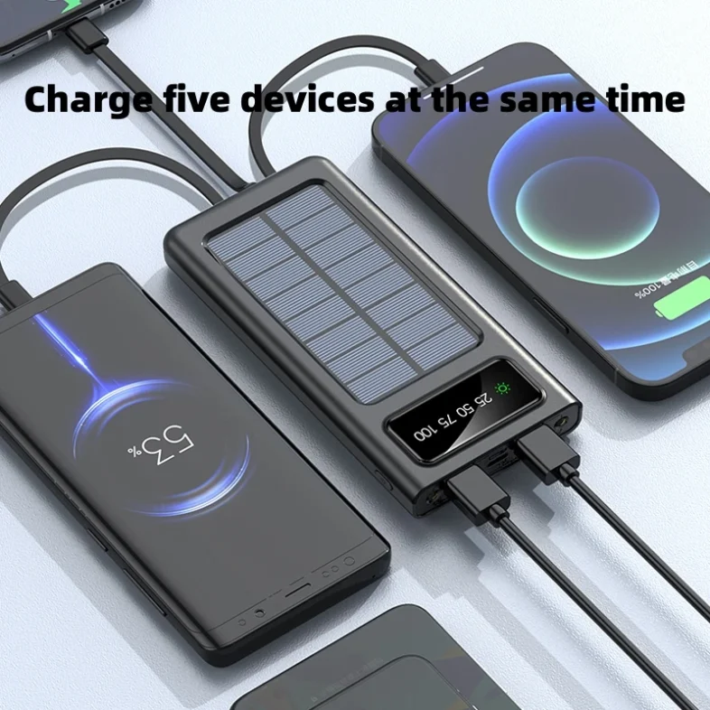 200000mAh Solar Power Bank Built Cables Comes With Four-wire Portable External Charger With LED Light For Samsung Apple Xiaomi