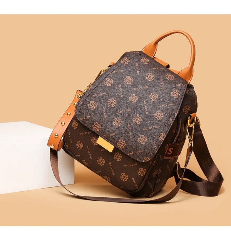 Women's Leather Backpack High-grade Texture Portable Elegant Printed Design Anti-Theft Versatile Shoulder Bag for Daily Use