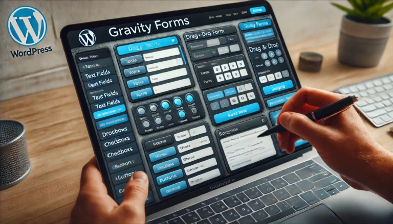 Gravity Forms plugin interface on a WordPress website, showcasing the drag-and-drop form builder with various field options like