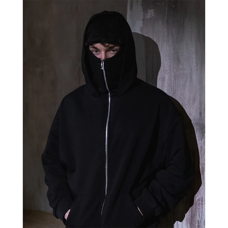 Men's Double Hat Mask Zipper Design Winter Windproof Hoodie Sports Jacket Outdoor Activities Hiking Travel Running Sweatshirt 