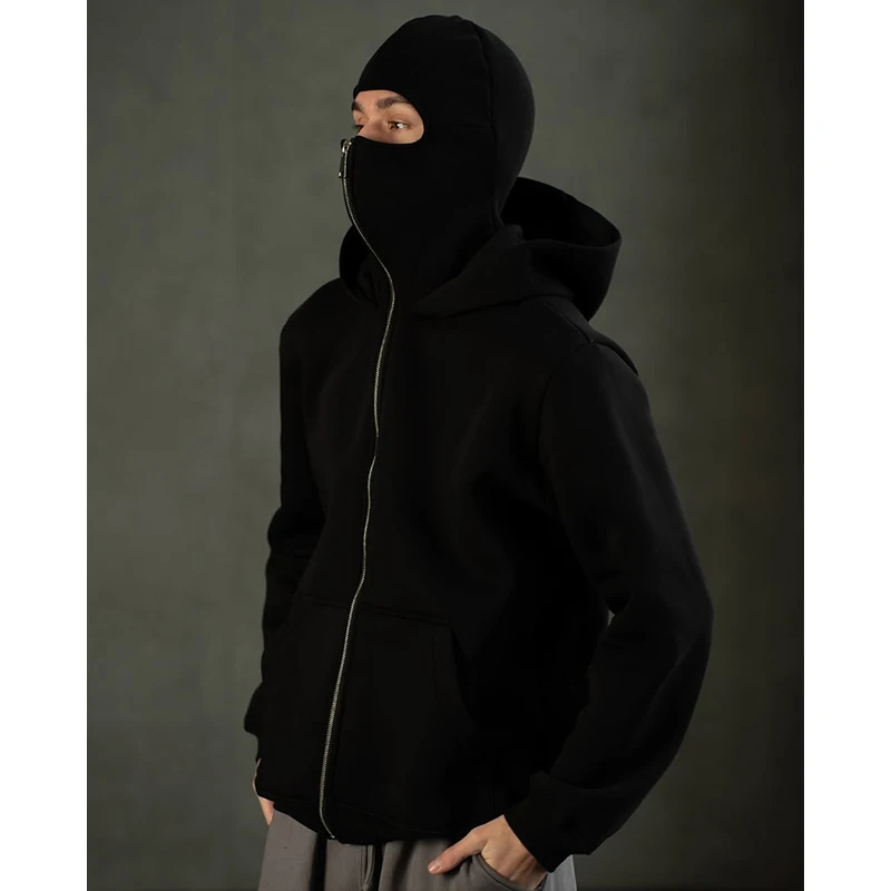Men's Double Hat Mask Zipper Design Winter Windproof Hoodie Sports Jacket Outdoor Activities Hiking Travel Running Sweatshirt 