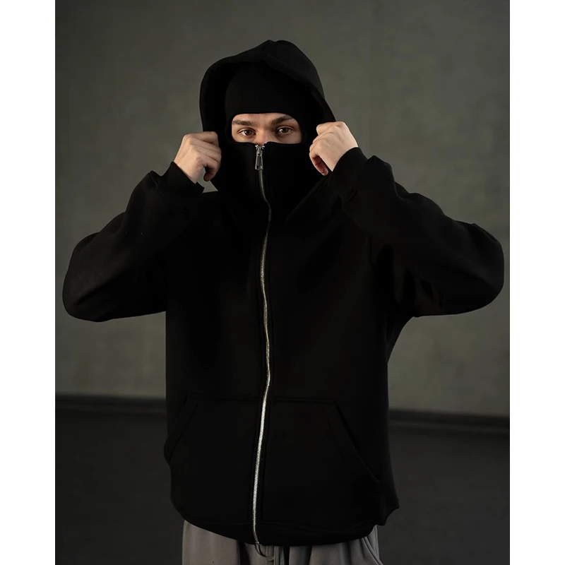 Men's Double Hat Mask Zipper Design Winter Windproof Hoodie Sports Jacket Outdoor Activities Hiking Travel Running Sweatshirt 