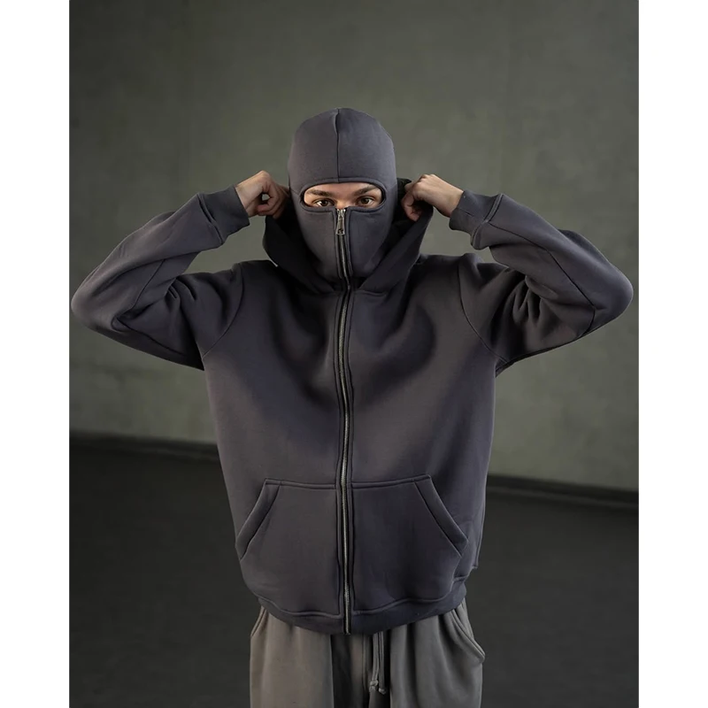 Men's Double Hat Mask Zipper Design Winter Windproof Hoodie Sports Jacket Outdoor Activities Hiking Travel Running Sweatshirt 