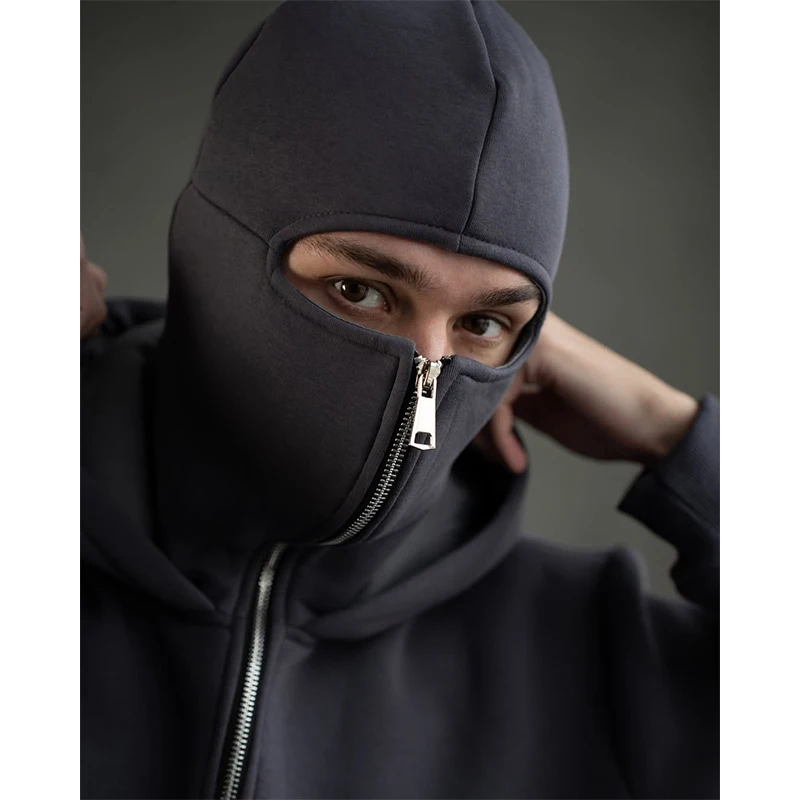 Men's Double Hat Mask Zipper Design Winter Windproof Hoodie Sports Jacket Outdoor Activities Hiking Travel Running Sweatshirt 