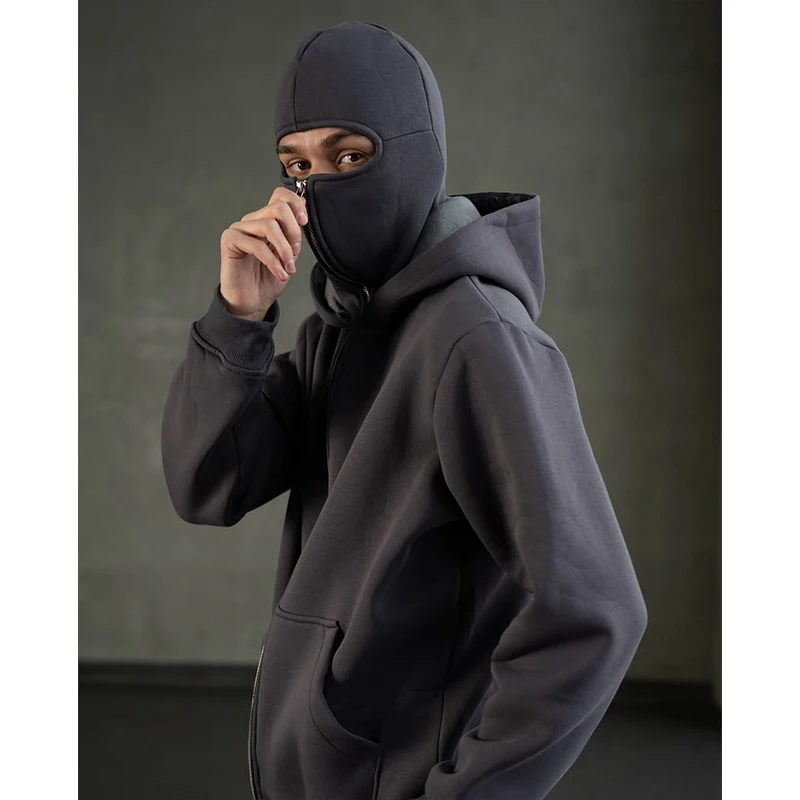 Men's Double Hat Mask Zipper Design Winter Windproof Hoodie Sports Jacket Outdoor Activities Hiking Travel Running Sweatshirt 