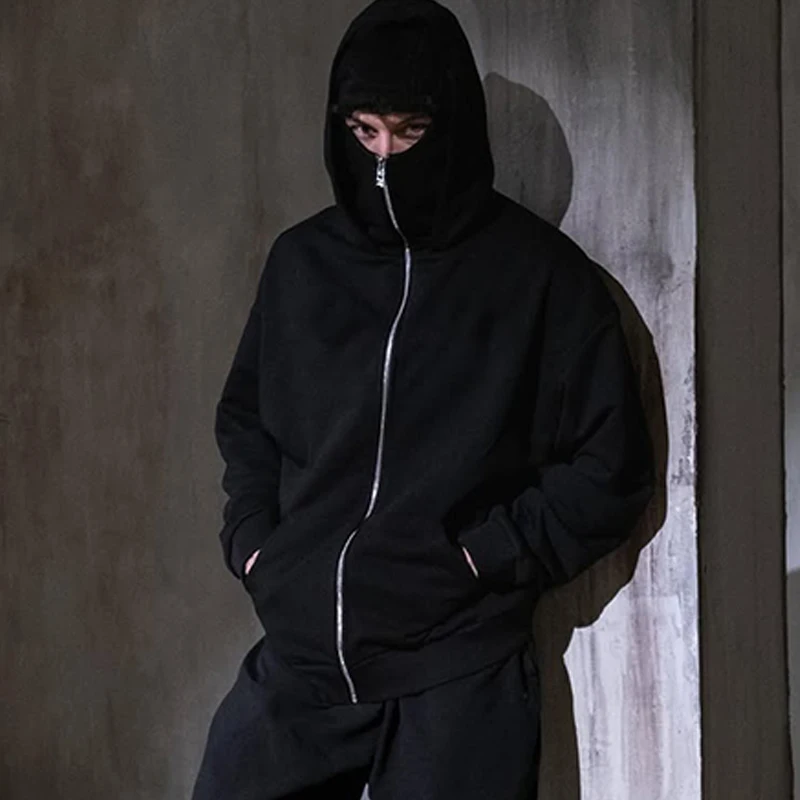 Men's Double Hat Mask Zipper Design Winter Windproof Hoodie Sports Jacket Outdoor Activities Hiking Travel Running Sweatshirt 