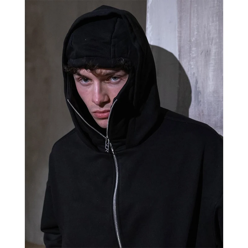 Men's Double Hat Mask Zipper Design Winter Windproof Hoodie Sports Jacket Outdoor Activities Hiking Travel Running Sweatshirt 