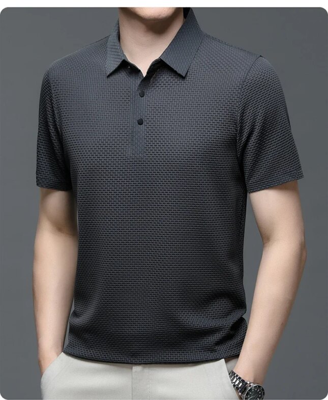 Summer New Men's Lop-up Hollow Short-sleeved Polo Tee Shirt Ice Silk Breathable Business Fashion T-Shirt Male Brand Clothes