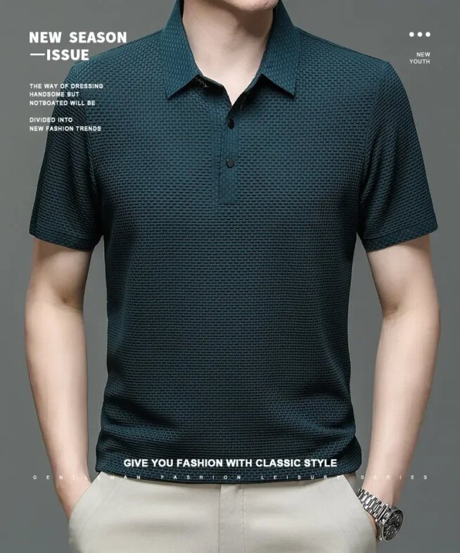 Summer New Men's Lop-up Hollow Short-sleeved Polo Tee Shirt Ice Silk Breathable Business Fashion T-Shirt Male Brand Clothes