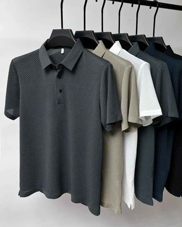 Summer New Men's Lop-up Hollow Short-sleeved Polo Tee Shirt Ice Silk Breathable Business Fashion T-Shirt Male Brand Clothes