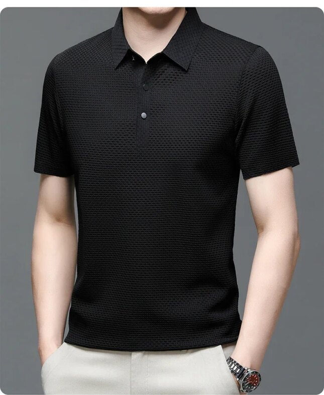 Summer New Men's Lop-up Hollow Short-sleeved Polo Tee Shirt Ice Silk Breathable Business Fashion T-Shirt Male Brand Clothes