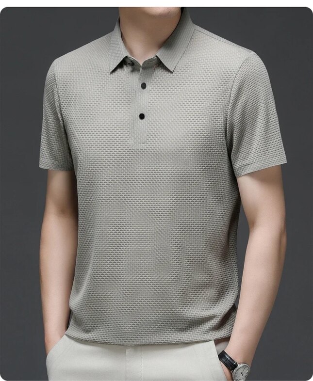 Summer New Men's Lop-up Hollow Short-sleeved Polo Tee Shirt Ice Silk Breathable Business Fashion T-Shirt Male Brand Clothes