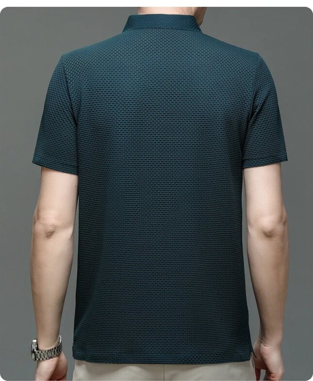 Summer New Men's Lop-up Hollow Short-sleeved Polo Tee Shirt Ice Silk Breathable Business Fashion T-Shirt Male Brand Clothes
