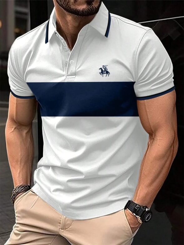 New Men's Summer Short Sleeve Lapel 3D Digital Printed Striped Polo Shirts Button Men's Business Casual Tops Breathable T-Shirts