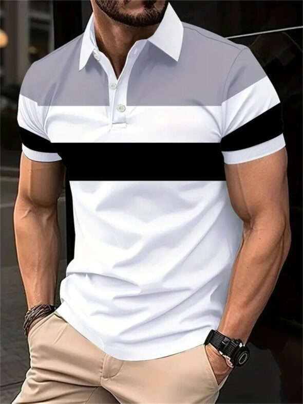 New Men's Summer Short Sleeve Lapel 3D Digital Printed Striped Polo Shirts Button Men's Business Casual Tops Breathable T-Shirts