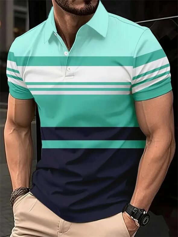 New Men's Summer Short Sleeve Lapel 3D Digital Printed Striped Polo Shirts Button Men's Business Casual Tops Breathable T-Shirts