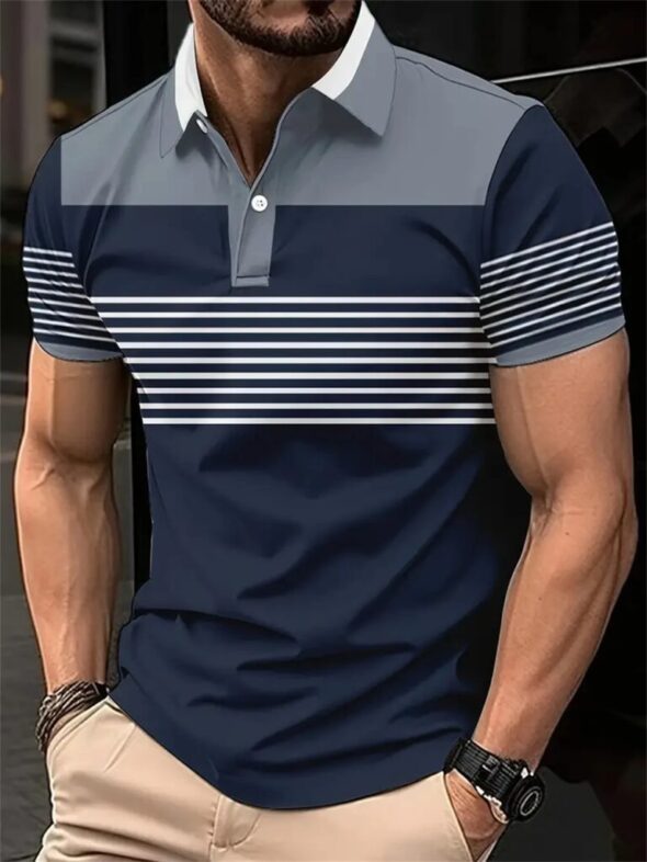 New Men's Summer Short Sleeve Lapel 3D Digital Printed Striped Polo Shirts Button Men's Business Casual Tops Breathable T-Shirts