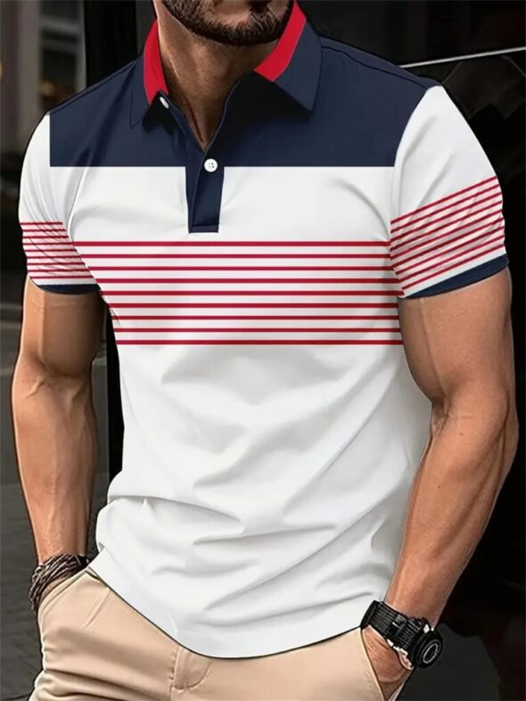 New Men's Summer Short Sleeve Lapel 3D Digital Printed Striped Polo Shirts Button Men's Business Casual Tops Breathable T-Shirts
