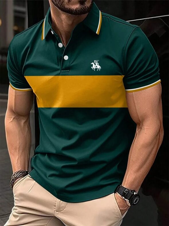 New Men's Summer Short Sleeve Lapel 3D Digital Printed Striped Polo Shirts Button Men's Business Casual Tops Breathable T-Shirts