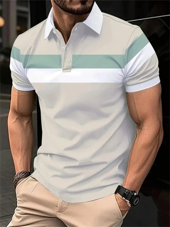 New Men's Summer Short Sleeve Lapel 3D Digital Printed Striped Polo Shirts Button Men's Business Casual Tops Breathable T-Shirts