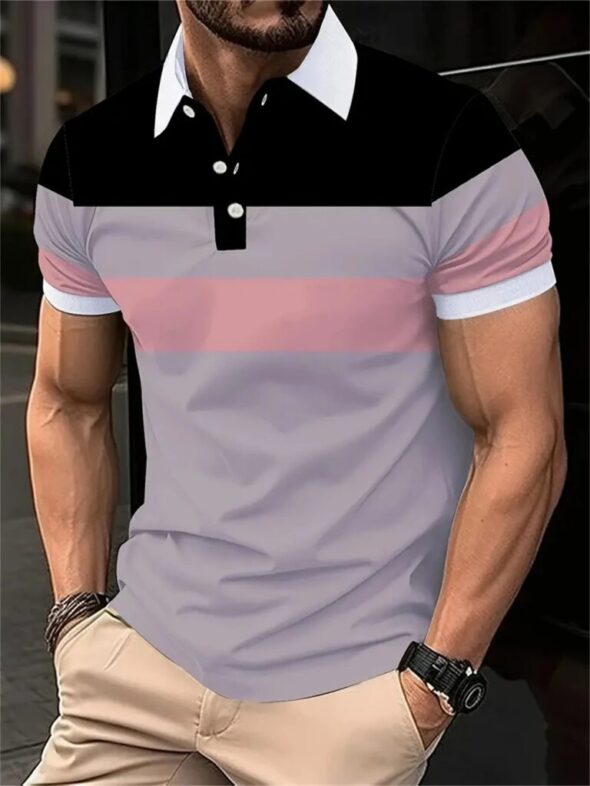 New Men's Summer Short Sleeve Lapel 3D Digital Printed Striped Polo Shirts Button Men's Business Casual Tops Breathable T-Shirts