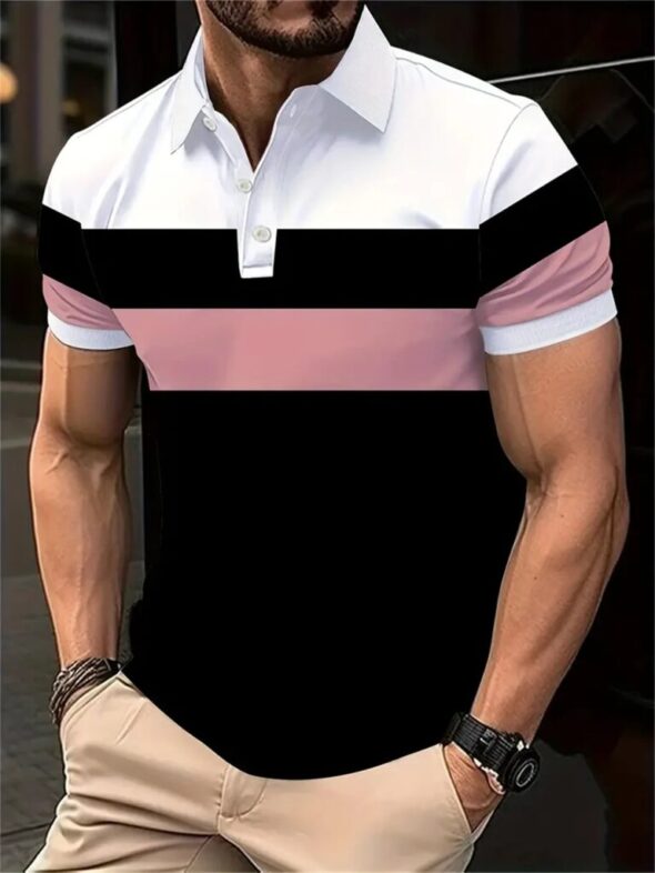 New Men's Summer Short Sleeve Lapel 3D Digital Printed Striped Polo Shirts Button Men's Business Casual Tops Breathable T-Shirts