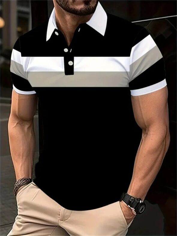 New Men's Summer Short Sleeve Lapel 3D Digital Printed Striped Polo Shirts Button Men's Business Casual Tops Breathable T-Shirts