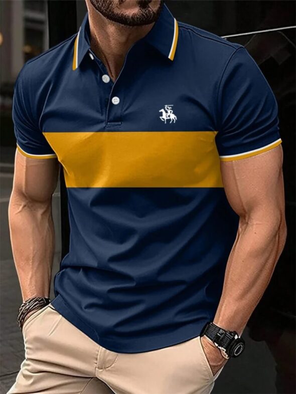 New Men's Summer Short Sleeve Lapel 3D Digital Printed Striped Polo Shirts Button Men's Business Casual Tops Breathable T-Shirts