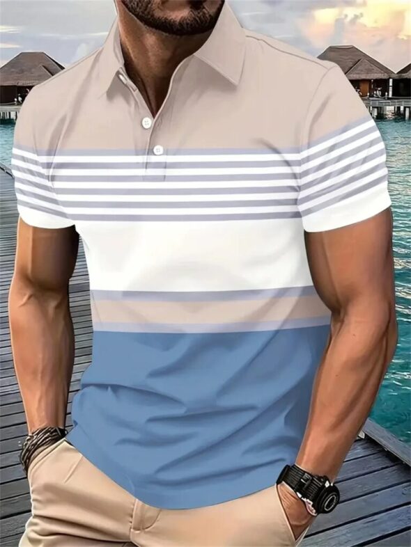 New Men's Summer Short Sleeve Lapel 3D Digital Printed Striped Polo Shirts Button Men's Business Casual Tops Breathable T-Shirts