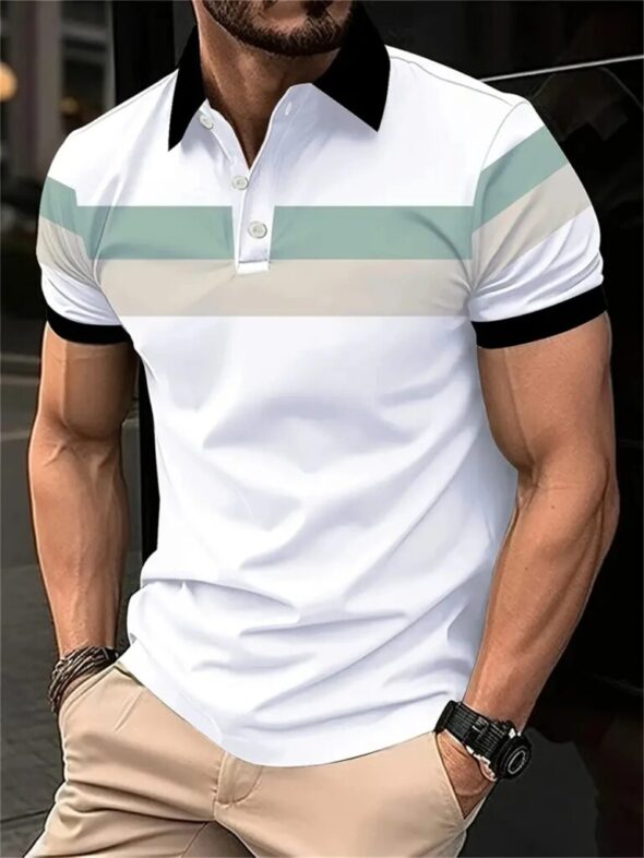 New Men's Summer Short Sleeve Lapel 3D Digital Printed Striped Polo Shirts Button Men's Business Casual Tops Breathable T-Shirts