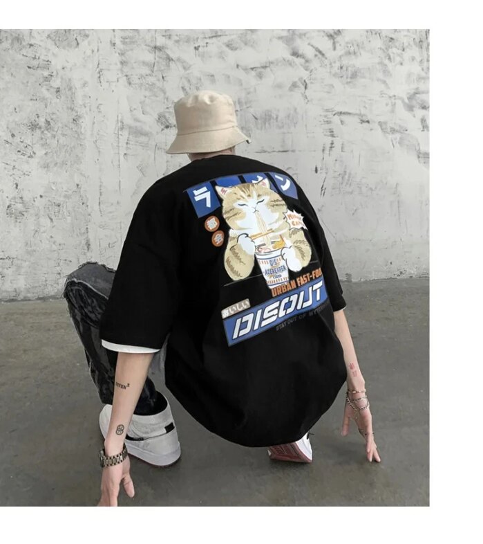 Harajuku Cat Cartoon Eating Noodles Graphic Men Women Tshirts Casual Short Sleeve Tees Japan Style Oversized T Shirt Clothing Harajuku Cat Cartoon Eating Noodles Graphic Men Women Tshirts Casual Short Sleeve Tees Japan Style Oversized T Shirt Clothing