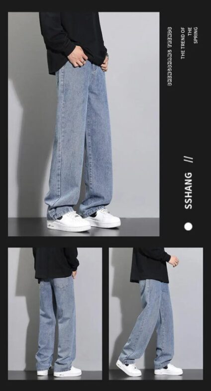 2025 New Korean Men's Casual Long Jeans Classic Man Straight Denim Wide-leg Pants Solid Color Light Blue Grey Black 2025 New Korean Men's Casual Long Jeans Classic Man Straight Denim Wide-leg Pants Solid Color Light Blue Grey Black
