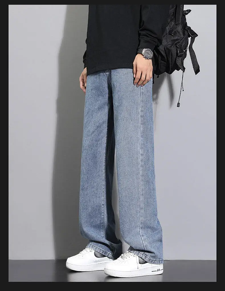 2025 New Korean Men's Casual Long Jeans Classic Man Straight Denim Wide-leg Pants Solid Color Light Blue Grey Black 2025 New Korean Men's Casual Long Jeans Classic Man Straight Denim Wide-leg Pants Solid Color Light Blue Grey Black