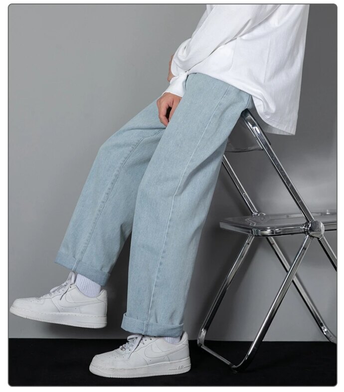 2025 New Korean Men's Casual Long Jeans Classic Man Straight Denim Wide-leg Pants Solid Color Light Blue Grey Black 2025 New Korean Men's Casual Long Jeans Classic Man Straight Denim Wide-leg Pants Solid Color Light Blue Grey Black