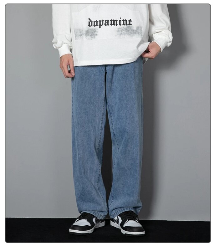 2025 New Korean Men's Casual Long Jeans Classic Man Straight Denim Wide-leg Pants Solid Color Light Blue Grey Black 2025 New Korean Men's Casual Long Jeans Classic Man Straight Denim Wide-leg Pants Solid Color Light Blue Grey Black