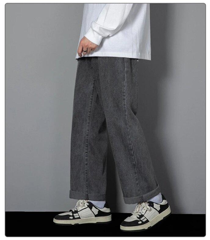 2025 New Korean Men's Casual Long Jeans Classic Man Straight Denim Wide-leg Pants Solid Color Light Blue Grey Black 2025 New Korean Men's Casual Long Jeans Classic Man Straight Denim Wide-leg Pants Solid Color Light Blue Grey Black