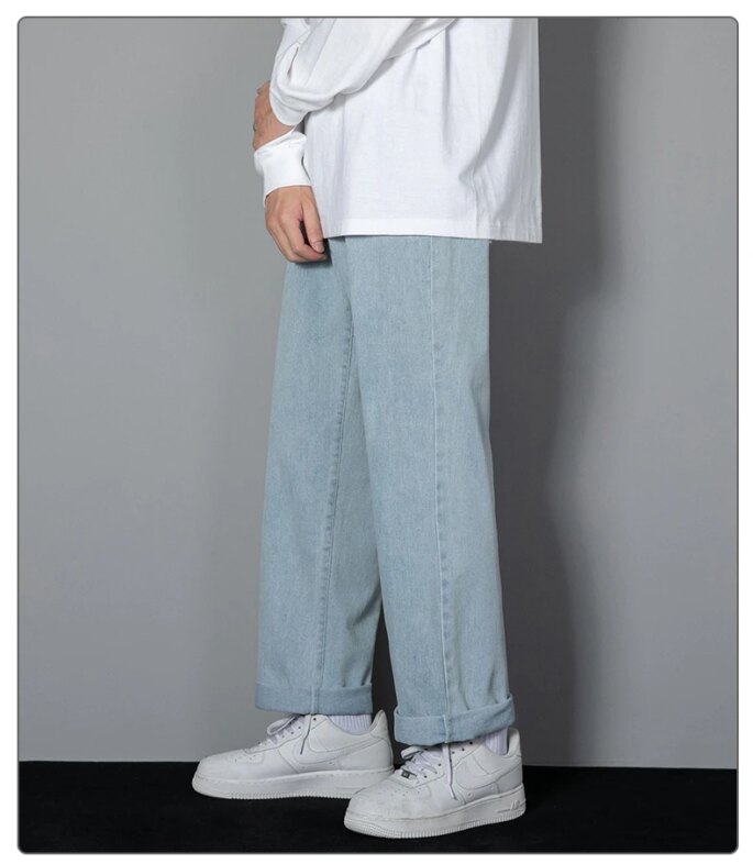 2025 New Korean Men's Casual Long Jeans Classic Man Straight Denim Wide-leg Pants Solid Color Light Blue Grey Black 2025 New Korean Men's Casual Long Jeans Classic Man Straight Denim Wide-leg Pants Solid Color Light Blue Grey Black