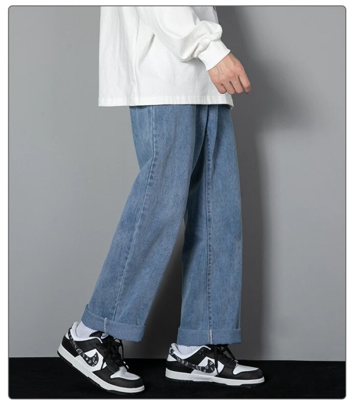 2025 New Korean Men's Casual Long Jeans Classic Man Straight Denim Wide-leg Pants Solid Color Light Blue Grey Black 2025 New Korean Men's Casual Long Jeans Classic Man Straight Denim Wide-leg Pants Solid Color Light Blue Grey Black