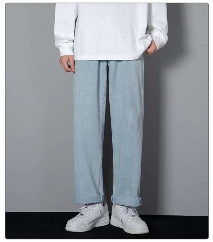 2025 New Korean Men's Casual Long Jeans Classic Man Straight Denim Wide-leg Pants Solid Color Light Blue Grey Black 2025 New Korean Men's Casual Long Jeans Classic Man Straight Denim Wide-leg Pants Solid Color Light Blue Grey Black