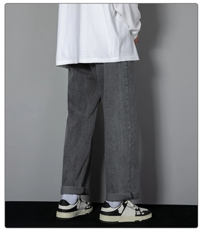 2025 New Korean Men's Casual Long Jeans Classic Man Straight Denim Wide-leg Pants Solid Color Light Blue Grey Black 2025 New Korean Men's Casual Long Jeans Classic Man Straight Denim Wide-leg Pants Solid Color Light Blue Grey Black