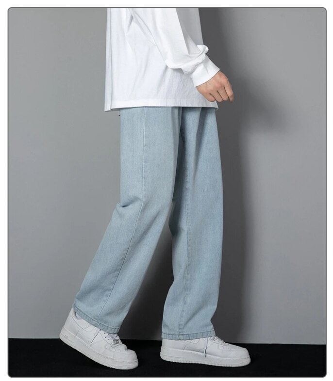 2025 New Korean Men's Casual Long Jeans Classic Man Straight Denim Wide-leg Pants Solid Color Light Blue Grey Black 2025 New Korean Men's Casual Long Jeans Classic Man Straight Denim Wide-leg Pants Solid Color Light Blue Grey Black