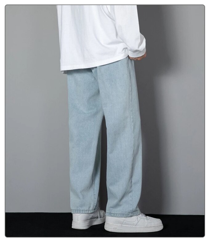 2025 New Korean Men's Casual Long Jeans Classic Man Straight Denim Wide-leg Pants Solid Color Light Blue Grey Black 2025 New Korean Men's Casual Long Jeans Classic Man Straight Denim Wide-leg Pants Solid Color Light Blue Grey Black