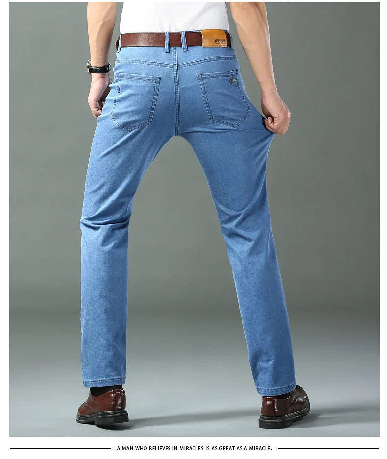 New Ice Silk Thin Denim Jeans For Men Blue Straight Stretch Cotton Pants Business Casual Lightweight Trousers Spring Summer New Ice Silk Thin Denim Jeans For Men Blue Straight Stretch Cotton Pants Business Casual Lightweight Trousers Spring Summer