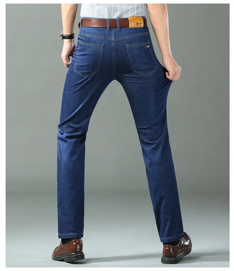 New Ice Silk Thin Denim Jeans For Men Blue Straight Stretch Cotton Pants Business Casual Lightweight Trousers Spring Summer New Ice Silk Thin Denim Jeans For Men Blue Straight Stretch Cotton Pants Business Casual Lightweight Trousers Spring Summer