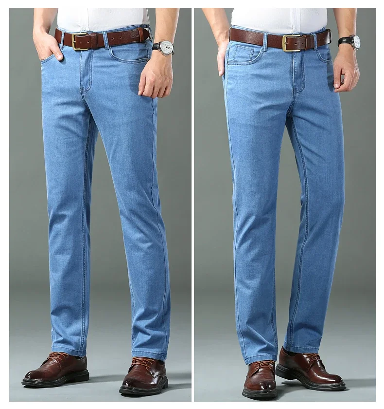 New Ice Silk Thin Denim Jeans For Men Blue Straight Stretch Cotton Pants Business Casual Lightweight Trousers Spring Summer New Ice Silk Thin Denim Jeans For Men Blue Straight Stretch Cotton Pants Business Casual Lightweight Trousers Spring Summer