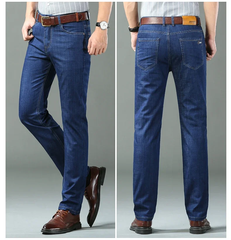 New Ice Silk Thin Denim Jeans For Men Blue Straight Stretch Cotton Pants Business Casual Lightweight Trousers Spring Summer New Ice Silk Thin Denim Jeans For Men Blue Straight Stretch Cotton Pants Business Casual Lightweight Trousers Spring Summer