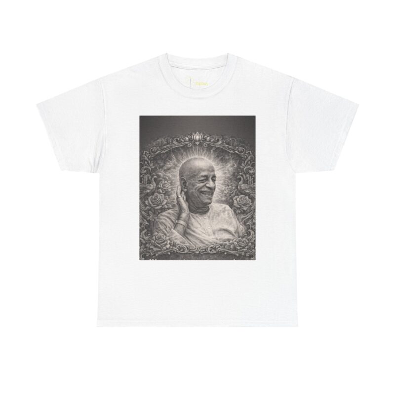 Spiritual Guru Prabhupada Portrait Tee — Quote "Our objective of happiness"