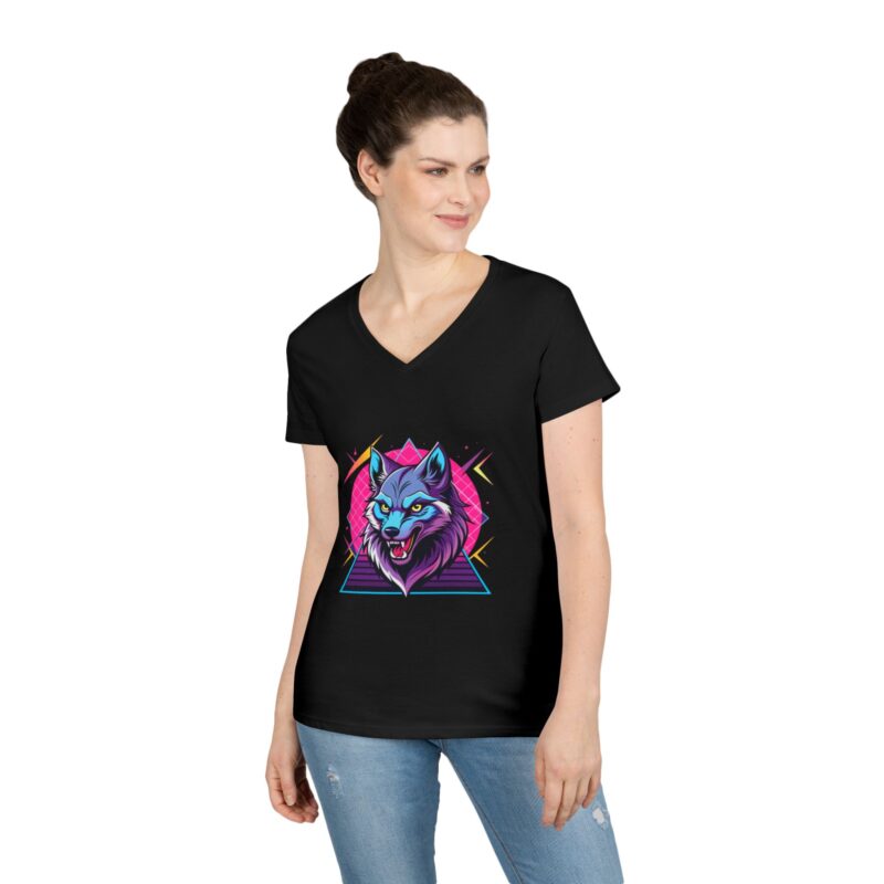 V-Neck T Shirt dress Neon Wolf  — Retro Geometric Wolf Graphic for Women