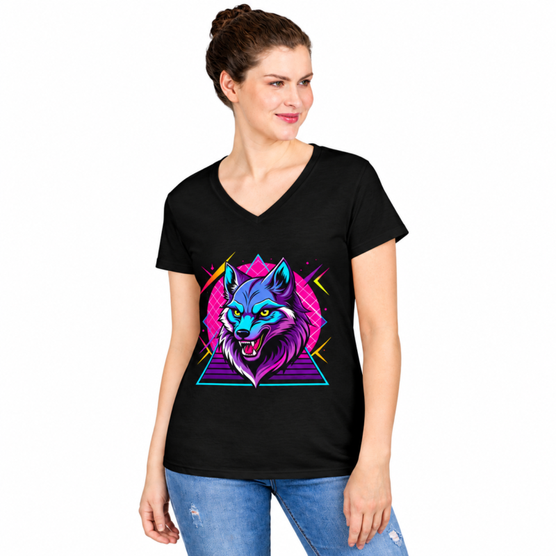 V-Neck T Shirt dress Retro Geometric Wolf Graphic
